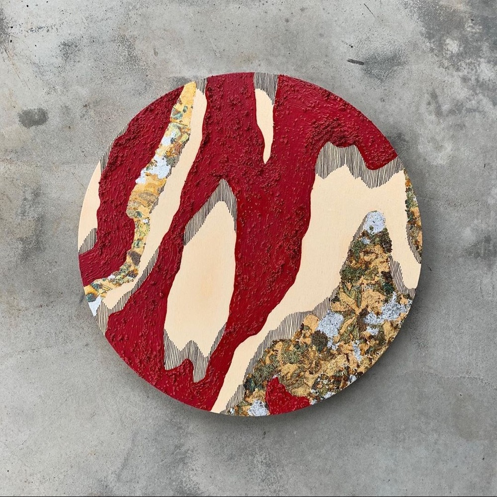 Original art, 12” circle, birch wood panel mixed media painting 
Final sale
